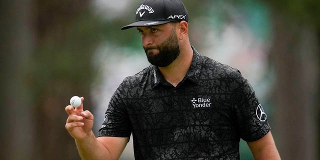 Jon Rahm gestures after his putt on the sixth hole during the second round of the 2023 Masters Tournament at Augusta National Golf Club in Augusta, Georgia, on Friday.