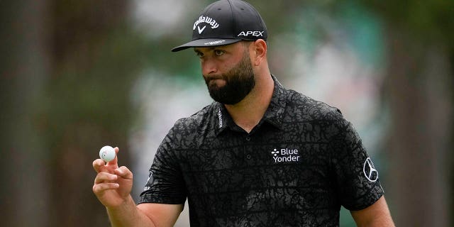 Jon Rahm gestures after his putt on the sixth hole during the second round of the 2023 Masters Tournament at Augusta National Golf Club in Augusta, Georgia, on Friday.