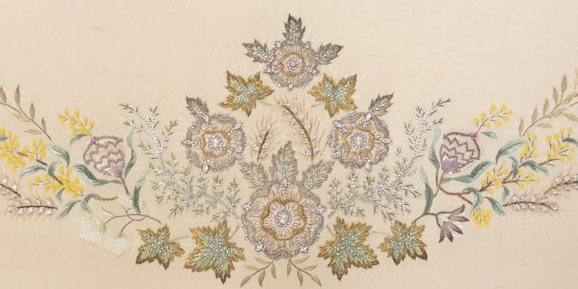 This detailed embroidery fabric sample connected to Queen Elizabeth II's coronation gown is going up for auction on May 16.