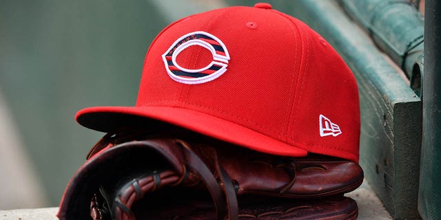 A close-up view of a Cincinnati Reds cap during a game against the Chicago Cubs at Great American Ball Park July 3, 2021, in Cincinnati, Ohio.