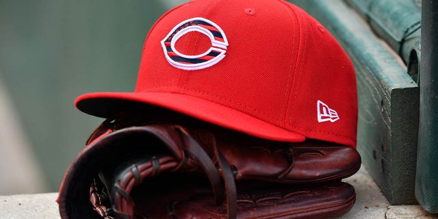 A close-up view of a Cincinnati Reds cap during a game against the Chicago Cubs at Great American Ball Park July 3, 2021, in Cincinnati, Ohio.
