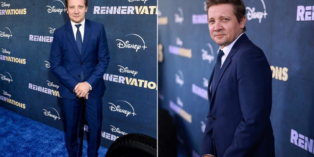 Jeremy Renner wears a blue suit and uses a cane at the premiere of "Rennervations."