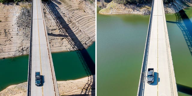 A car crosses Enterprise Bridge over Lake Oroville's dry banks on May 23, 2021, left, and the same location on March 26, 2023, in Butte County, California.
