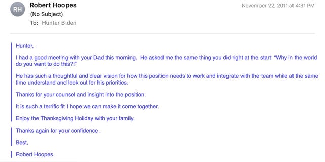 Robert Hoopes emailed Hunter Biden on Nov. 22, 2011.