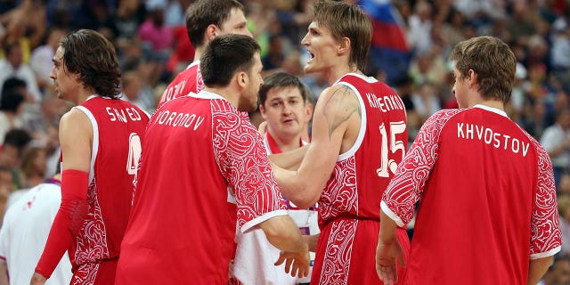 Russian players react while taking on Spain during a men's basketball semifinal at the London 2012 Olympic Games at the North Greenwich Arena Aug. 10, 2012, in London.
