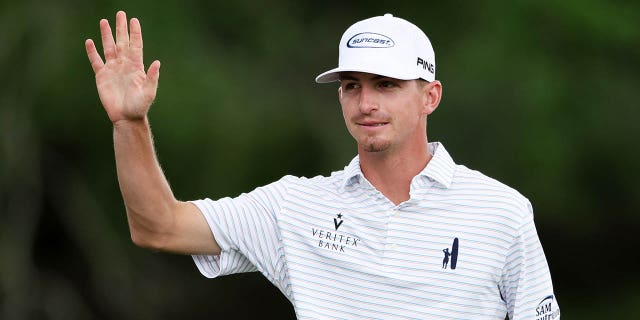 Sam Bennett reacts on the 18th green during the second round of the 2023 Masters Tournament at Augusta National Golf Club in Augusta, Georgia, on Friday.