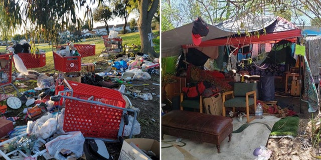 Images of a homeless encampment, one strewn with debris