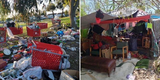 Images of a homeless encampment, one strewn with debris