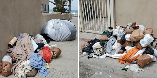 Side by side images of trash from a homeless encampment with the Pacific Ocean visible in the background