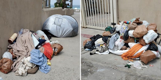 Side by side images of trash from a homeless encampment with the Pacific Ocean visible in the background