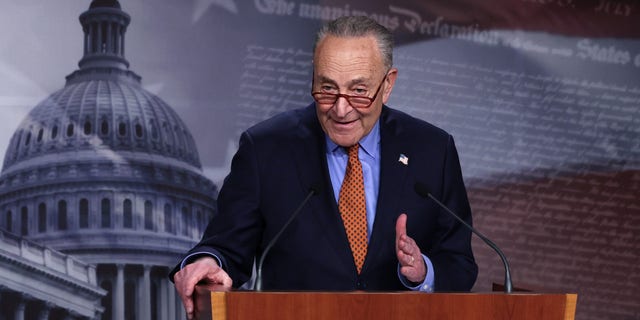 Senate Majority Leader Sen. Chuck Schumer, D-N.Y., speaks during a news conference at the U.S. Capitol on March 30, 2023, in Washington, D.C.