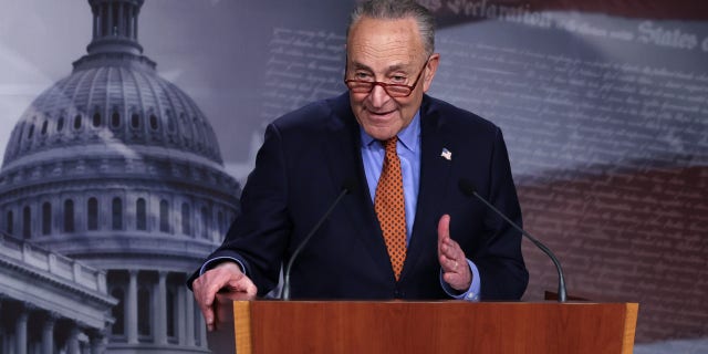 Senate Majority Leader Sen. Chuck Schumer, D-N.Y., speaks during a news conference at the U.S. Capitol on March 30, 2023, in Washington, D.C.