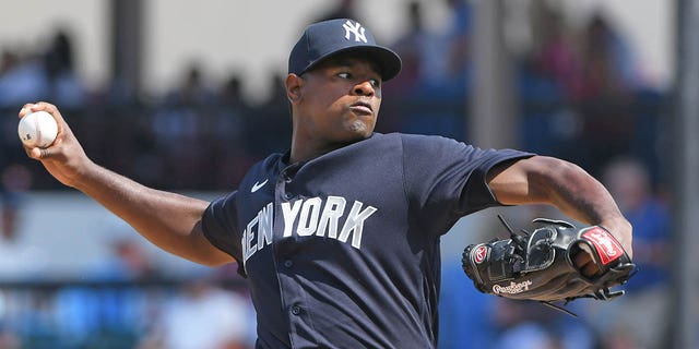 Luis Severino, #40 of the New York Yankees, pitches during the spring training game against the Detroit Tigers at Publix Field at Joker Marchant Stadium on March 10, 2023 in Lakeland, Florida. The Yankees defeated the Tigers 4-3.