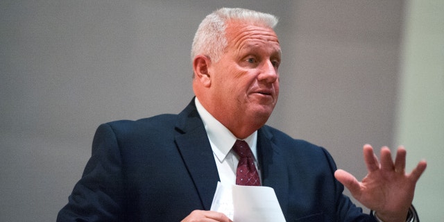 Frederick County Sheriff Charles Jenkins addresses a crowd at Urbana High School about the heroin problem in the county Oct. 21, 2014, in Frederick, Md. 