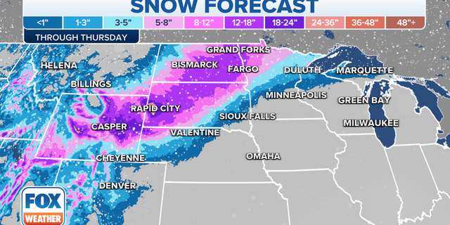Expected snowfall totals for the Plains region this week.