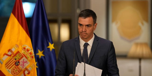 Spain's Prime Minister Pedro Sánchez speaks during a news conference at the Spanish embassy in Beijing March 31, 2023. Sánchez apologized over a law that allows convicted sex offenders to reduce their sentences.