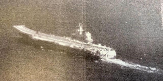 Taiwan Ministry of National Defense image of Chinese Communist Party's Shandong aircraft carrier formation.