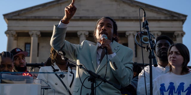 State Rep. Justin Jones of Nashville speaks outside the Capitol on April 10, 2023, in Nashville, Tennessee. The Democrat was reinstated days after being expelled for leading a protest on the House floor for gun reform in the wake of a mass shooting at a Christian school in which three 9-year-old students and three adults were killed by a 28-year-old former student on March 27.