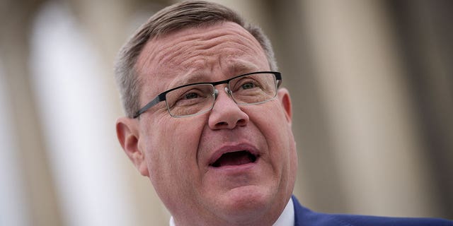 Speaker of the North Carolina House of Representatives Tim Moore talks to reporters outside the U.S. Supreme Court on Dec. 7, 2022, in Washington, DC. Moore visited Ukraine during the legislative break to observe the country during its war against Russia.