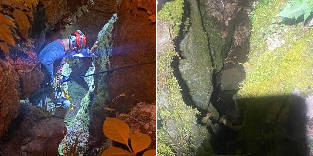 volunteer firefighter rappelling down into cave