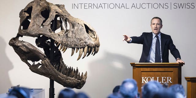 Un esqueleto completo de Tyrannosaurus rex se vendió por 4,8 millones de francos suizos (5,3 millones de dólares) en una subasta en Zúrich el martes.