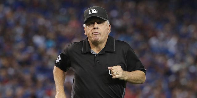 Third base umpire Larry Vanover #27 during the Toronto Blue Jays MLB game against the Tampa Bay Rays on August 9, 2016 at Rogers Centre in Toronto, Ontario, Canada.