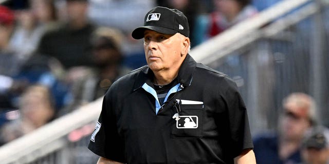 Home plate umpire Larry Vanover calls a game between the Washington Nationals and the Tampa Bay Rays at Nationals Park April 3, 2023, in Washington, D.C.