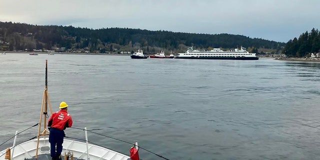 Coast Guard looking at ferry in shallow water