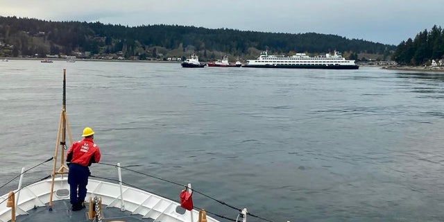 Coast Guard looking at ferry in shallow water