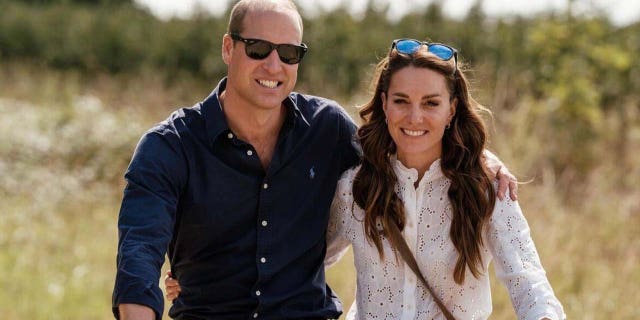 will and kate smiling while riding bicycles in the countryside
