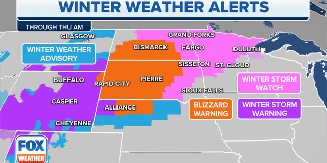 Blizzard warnings and winter storm watches in effect in the Plains region.