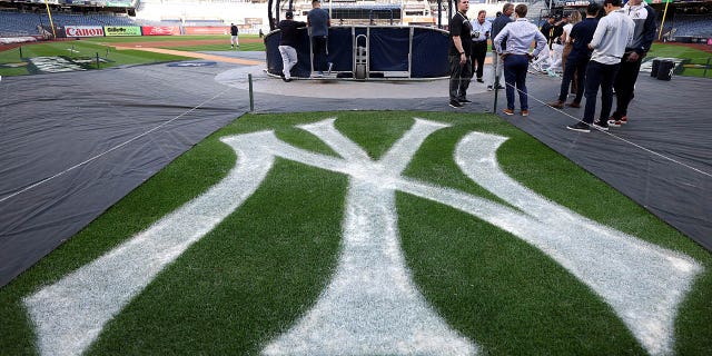 The team logo behind home plate at Yankee Stadium on Oct. 11, 2022, in New York.