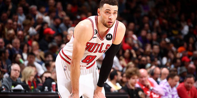 Zach LaVine of the Chicago Bulls during a game against the Toronto Raptors in the 2023 play-in tournament April 12, 2023, at the Scotiabank Arena in Toronto.