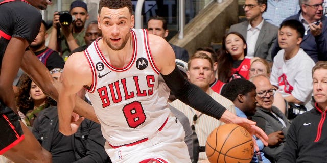 Zach LaVine of the Chicago Bulls drives against the Toronto Raptors during the 2023 play-in tournament April 12, 2023, at the Scotiabank Arena in Toronto.