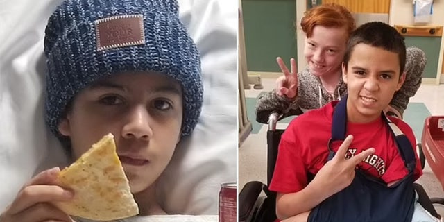 Zachary Corona, who suffered a stroke after bullies allegedly pressured him to smoke a fetanyl-laced vape, is shown in the hospital, left. On the right, he poses with his 12-year-old sister, Katie.