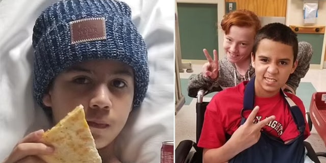 Zachary Corona, who suffered a stroke after bullies allegedly pressured him to smoke a fetanyl-laced vape, is shown in the hospital, left. On the right, he poses with his 12-year-old sister, Katie.