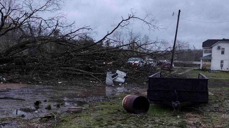 A barrel and fallen trees following a Missouri tornado
