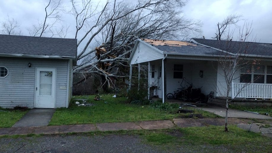 A fallen tree lies on a Missouri house