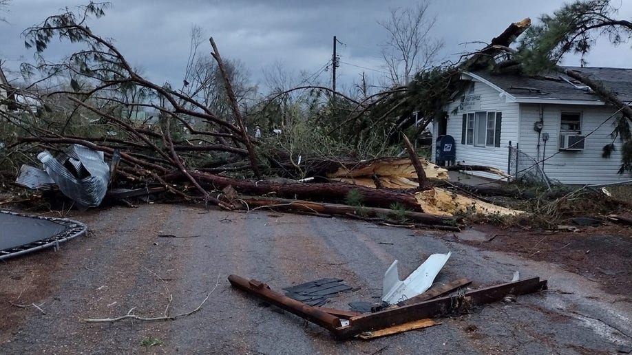Trees and debris block a road in Glenallen, Missouri