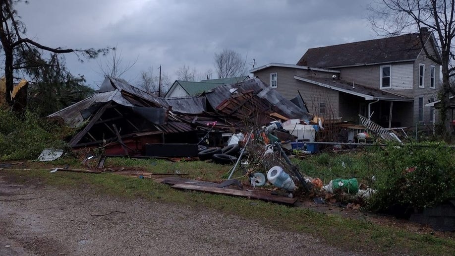 A structure is flattened following a Missouri tornado