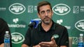 New York Jets quarterback Aaron Rodgers answers questions during an NFL football introductory press conference  Wednesday, April 26, 2023, in Florham Park, N.J.