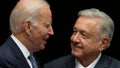 FILE - Mexican President Andres Manuel Lopez Obrador, right, and U.S. President Joe Biden shake hands at the National Palace in Mexico City, Jan. 9, 2023.  Mexico&rsquo;s president said on May 8, 2023 that he will talk with Biden by telephone on May 9 about immigration and the fentanyl crisis.