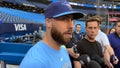 Toronto Blue Jays relief pitcher Anthony Bass speaks to gives a statement to media ahead baseball game against the Milwaukee Brewers in Toronto on Tuesday, May 30, 2023.