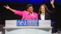 US Vice President Kamala Harris, right, waves with Becky Pringle, president of the National Education Association, at the National Education Association 2022 annual meeting and representative assembly in Chicago, Illinois, US, on Tuesday, July 5, 2022. Harris highlighted educators role in communities across the country and the administration's investments to support students and educators, according to the White House. Photographer: Tannen Maury/EPA/Bloomberg via Getty Images
