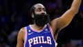 Philadelphia 76ers' James Harden (1) reacts past Boston Celtics' Marcus Smart during the second half of Game 4 in an NBA basketball Eastern Conference semifinals playoff series, Sunday, May 7, 2023, in Philadelphia.