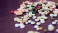 Heap of medicine pills. Close up of colorful tablets and capsules