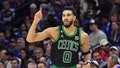 Boston Celtics forward Jayson Tatum (0) reacts after making a three point basket against the Philadelphia 76ers during the first quarter of game three of the 2023 NBA playoff at Wells Fargo Center.
