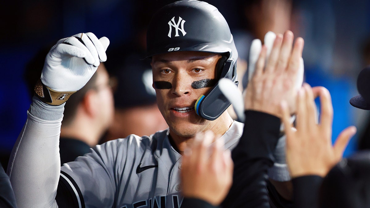 Aaron Judge of the New York Yankees signals a thumbs down towards News  Photo - Getty Images