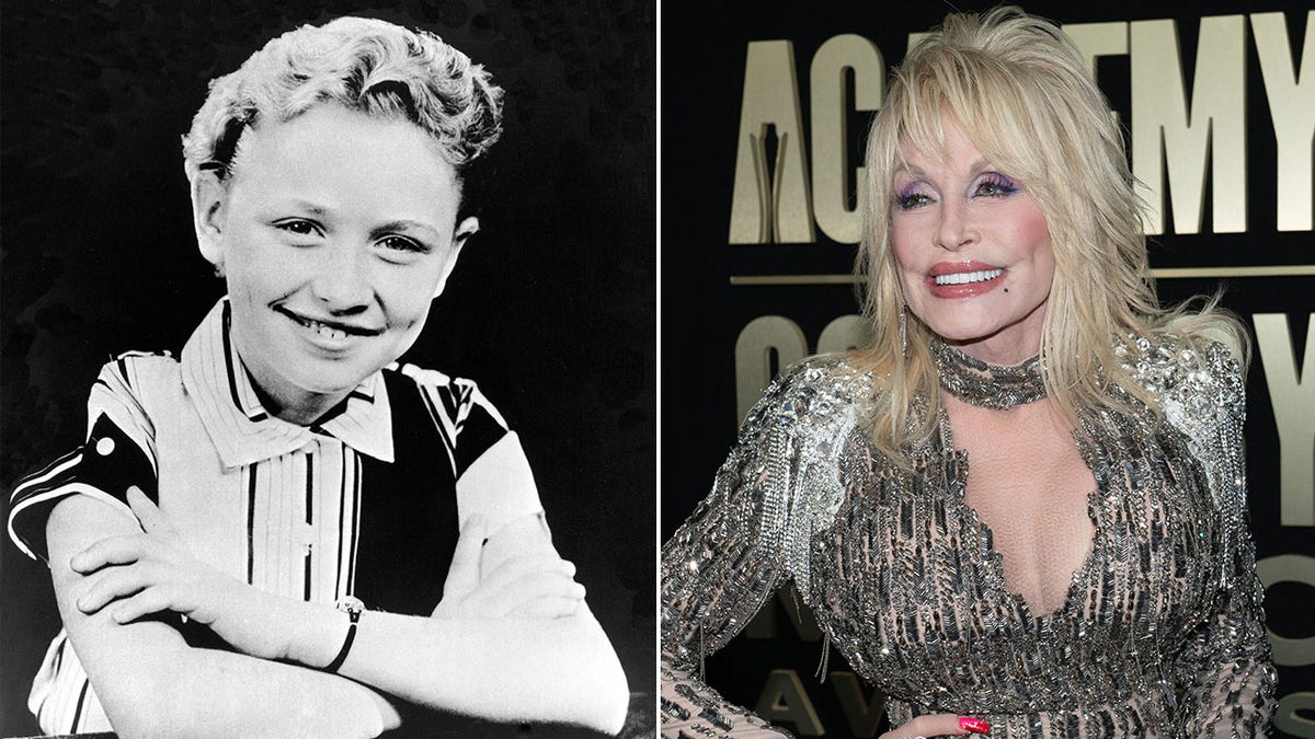 A split image of Dolly Parton as a child and in present day.
