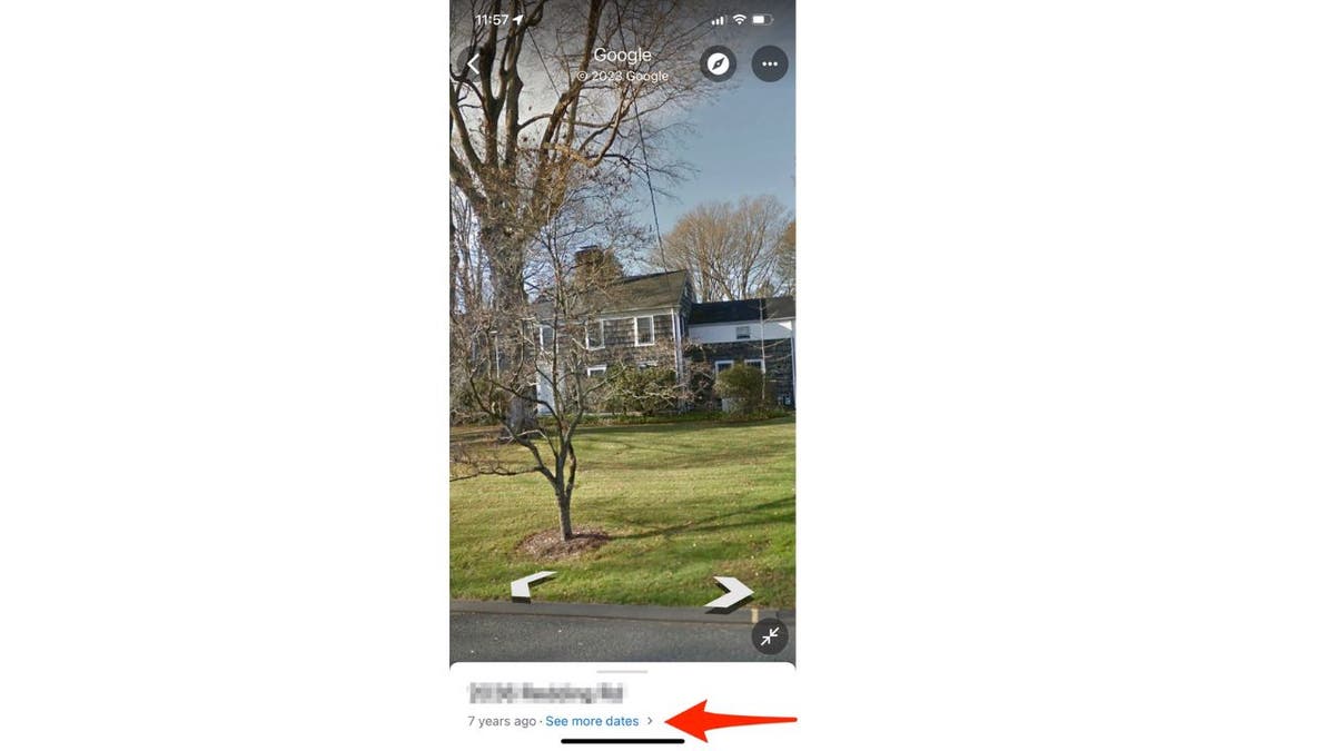 Image of house and yard with white arrows and red arrow pointing to bottom white section